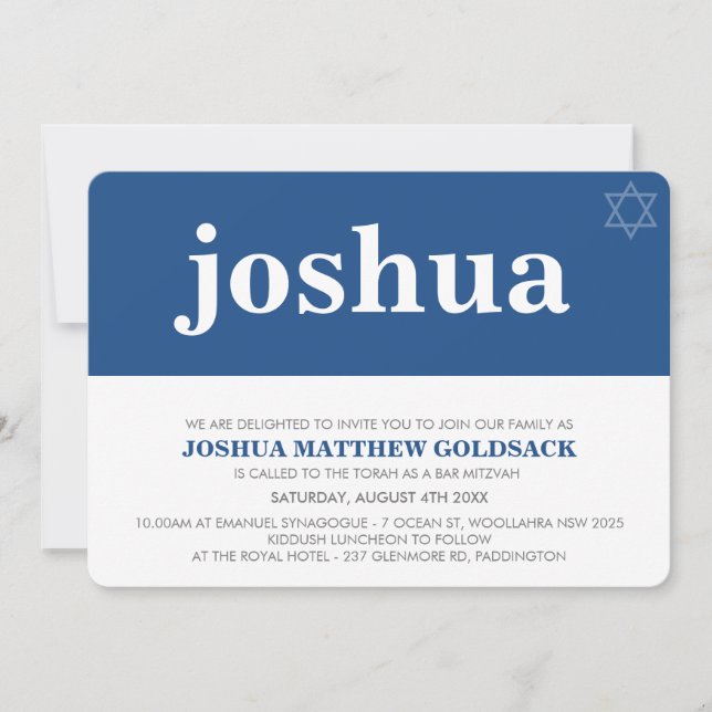 SIMPLE BAR MITZVAH cool modern star of david navy Invitation (Front)