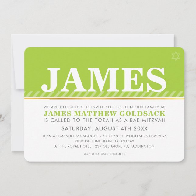 SIMPLE BAR MITZVAH modern jewish star lime green Invitation (Front)
