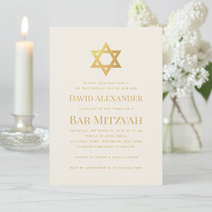 Simple Bar or Bat Mitzvah Gold Star of David Ivory Invitation