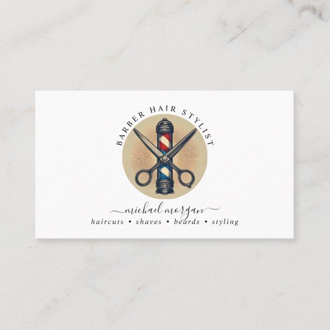Simple Barber Hair Stylist Scissors Barber Pole Business Card (Front)