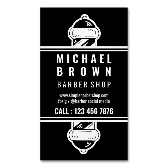 Simple Barber Pole Minimalist Black White Magnetic Business Card (Front Vertical)
