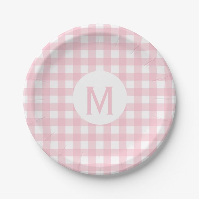 Simple Basic Baby Pink Gingham Monogram Paper Plate (Front)