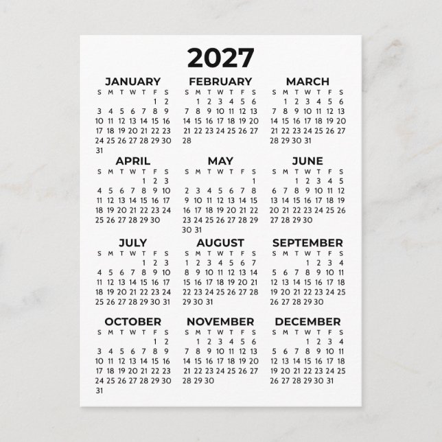 Simple Basic Black And White 2027 Calendar Minimal Postcard (Front)