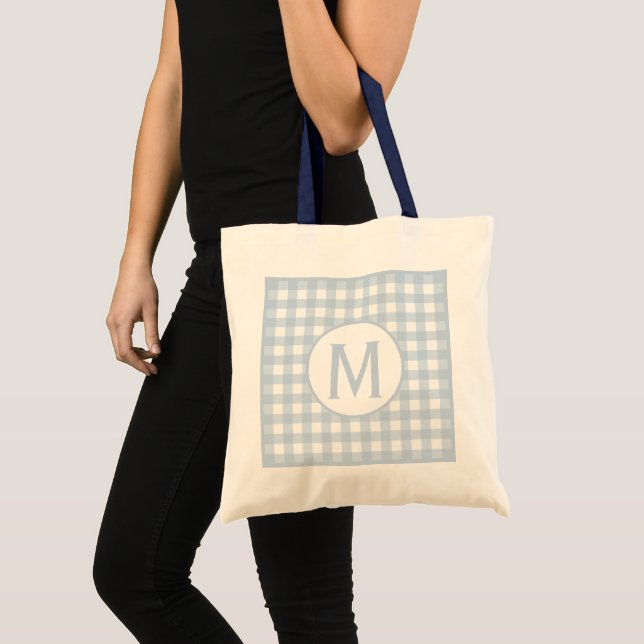 Simple Basic Faded Denim Blue Gingham Monogram  Tote Bag (Front (Product))