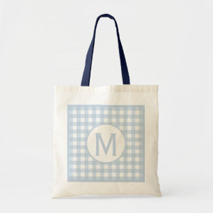 Simple Basic Faded Denim Blue Gingham Monogram  Tote Bag