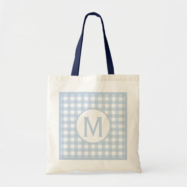 Simple Basic Faded Denim Blue Gingham Monogram  Tote Bag (Front)