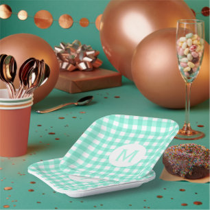 Simple Basic Mint Green Gingham Monogram Paper Plate
