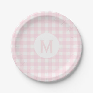 Simple Basic Pale Pink Gingham Monogram Paper Plate