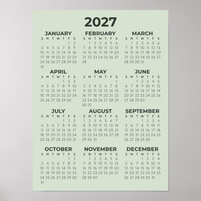 Simple Basic Sage Green 2027 Calendar Poster (Front)