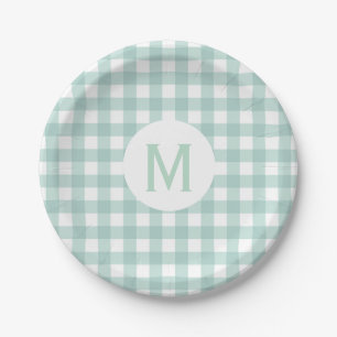 Simple Basic Sage Green Gingham Monogram Paper Plate