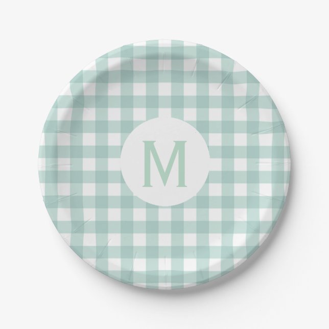 Simple Basic Sage Green Gingham Monogram Paper Plate (Front)