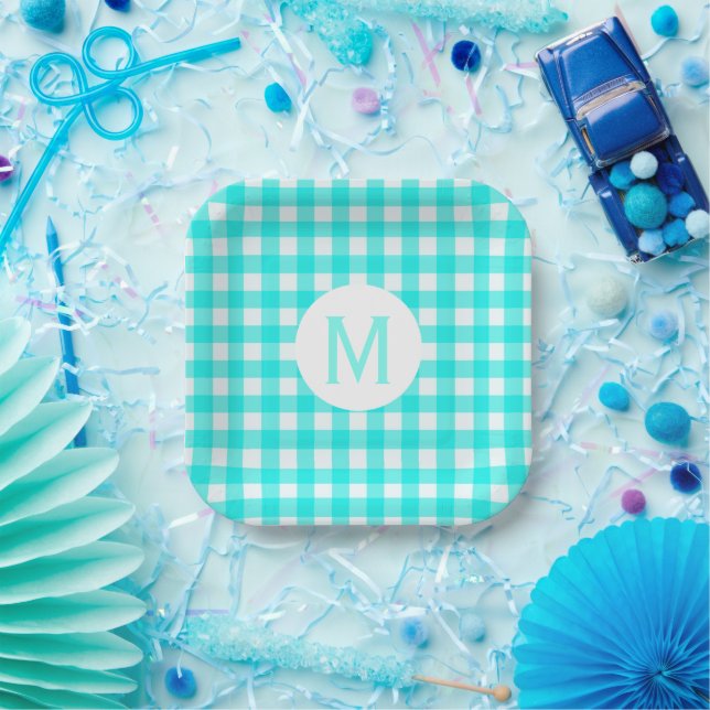 Simple Basic Turquoise Gingham Monogram Paper Plate (Party)