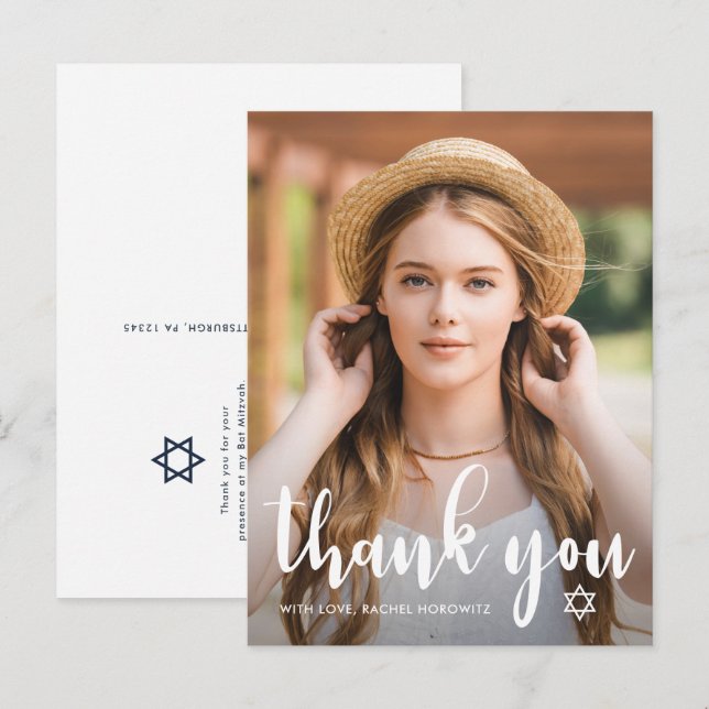 Simple Bat Mitzvah Thank You Star of David Photo Postcard (Front/Back)