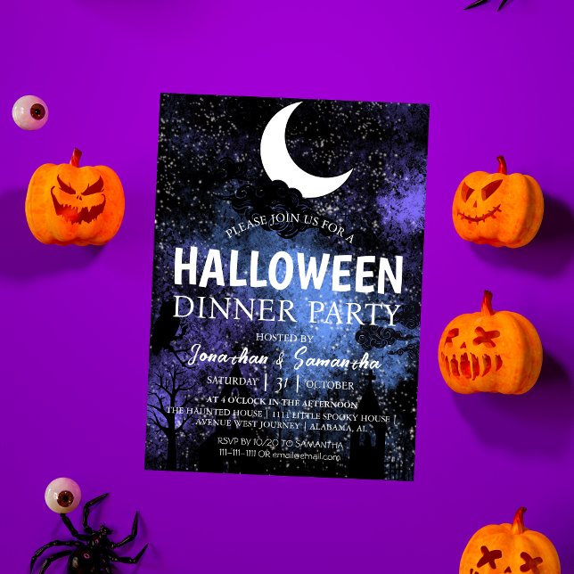 Simple Bats Night Full Moon Halloween Dinner Party Invitation (Creator Uploaded)