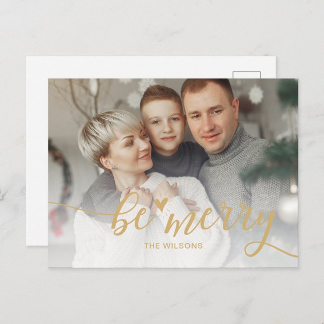 Simple Be Merry Heart Cute Script Gold photo  Holiday Postcard (Front/Back)
