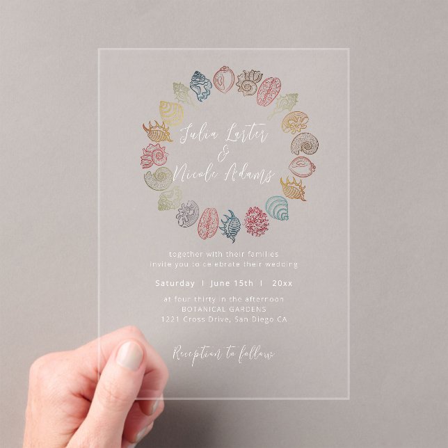Simple Beach Blue Ocean Seashell Wedding Acrylic Invitations (Insitu (Handheld))