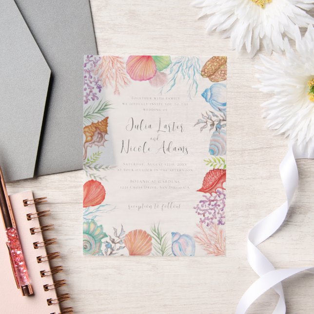 Simple Beach Blue Ocean Seashell Wedding Vellum Invitations (Wedding)