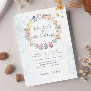Simple Beach Ocean Seashell Wreath Photo Wedding Invitation
