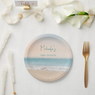 Simple Beach Photo Personalised Baby Shower  Paper Plate