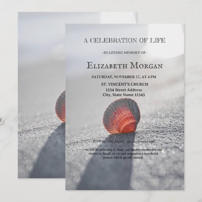 Simple Beach Seashell Celebration Of Life   Invitation (Front/Back)