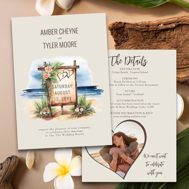Simple Beach Watercolor Wedding Details and Photo Invitation (Wedding Invitation with Photo & Details from the Sunset Beach Wedding Collection by Darling & May)