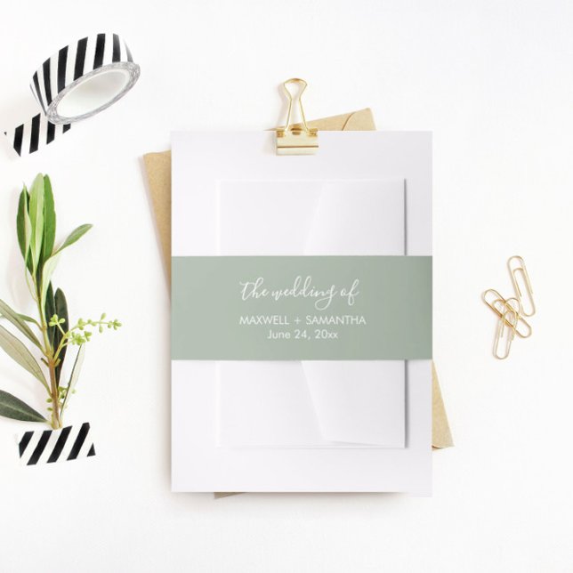 Simple Beach Wedding Invitation Belly Band (modern typography bellow band sage green)