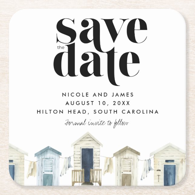 Simple Beach Wedding Save the Date Square Paper Coaster (Front)