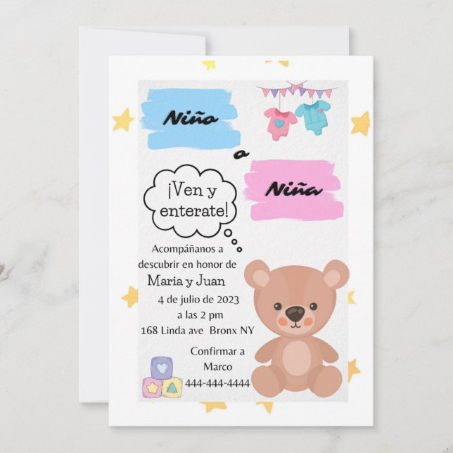 Simple Bear Invitation for Gender Reveal (Spanish) (Front)