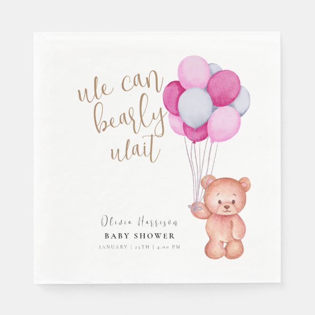 Simple Bearly Wait Bear Pink Balloon Baby Shower  Napkin (Front)