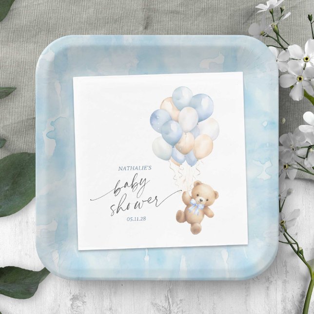 Simple Bearly wait Teddy Bear Blue Balloons Shower Napkin (Blue We Can Bearly Wait, Teddy Bear Themed Baby Boy Shower Napkin.)