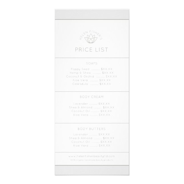 Simple beauty product price list mono lotus logo rack card (Front)