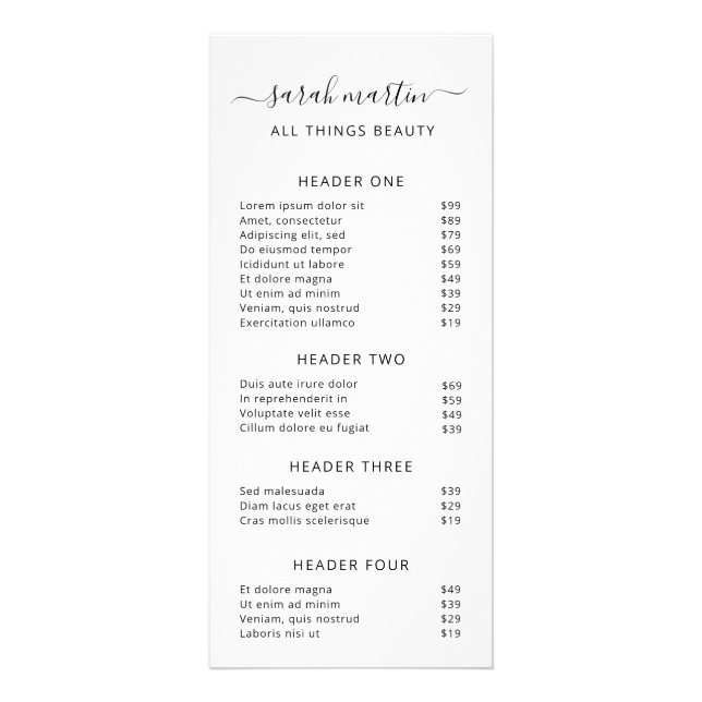 Simple Beauty Salon Elegant Price List Rack Card (Front)