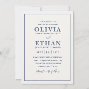 Simple Beige Dusty Blue Minimalist Border Wedding Invitation