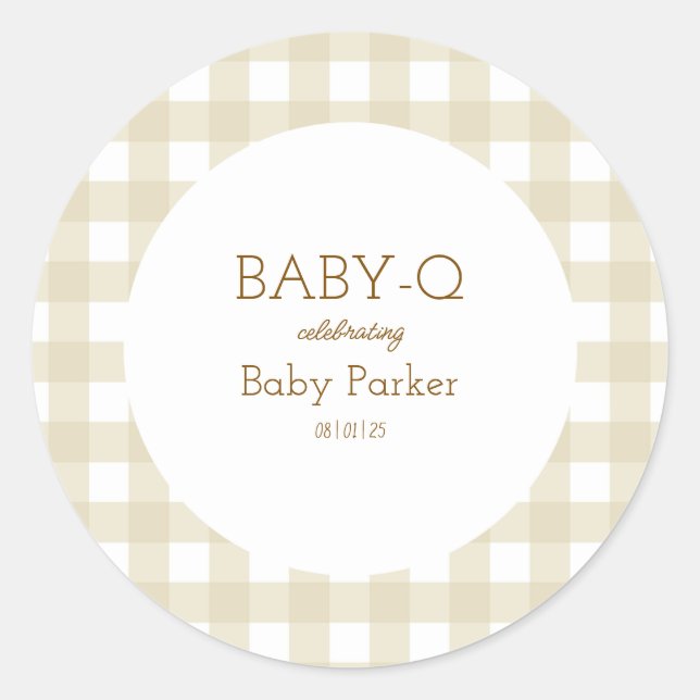 Simple Beige Gingham Baby Shower Sticker (Front)