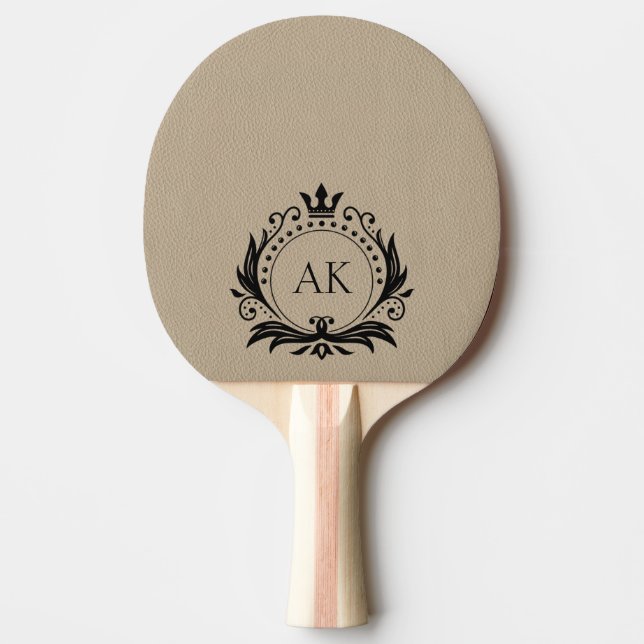 Simple Beige Leather Black Crown Frame Monogram Ping Pong Paddle (Front)