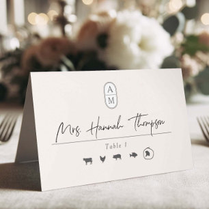 Simple beige, modern initials, meal options  place card
