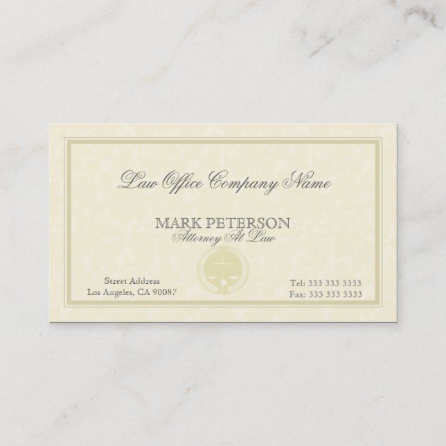 Simple Beige Monochromatic Damasks Attorney In Law Business Card (Front)