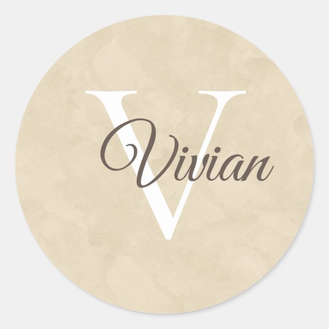 Simple Beige Watercolor Monogram Name Classic Round Sticker (Front)