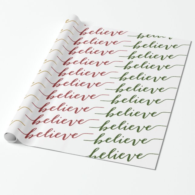 SIMPLE BELIEVE HOLIDAY GREETING | RED GOLD GREEN WRAPPING PAPER (Unrolled)