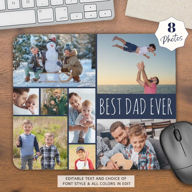 Simple BEST DAD EVER 8 Photo Collage Navy Blue Mouse Mat (Creator Uploaded)