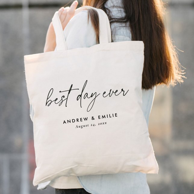 Simple Best Day Ever Calligraphy Wedding Tote Bag (Creator Uploaded)