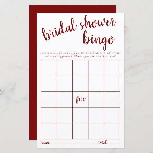 Simple Bingo Card | Red White Bridal Shower Game (Front/Back)