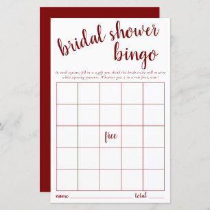 Simple Bingo Card   Red White Bridal Shower Game
