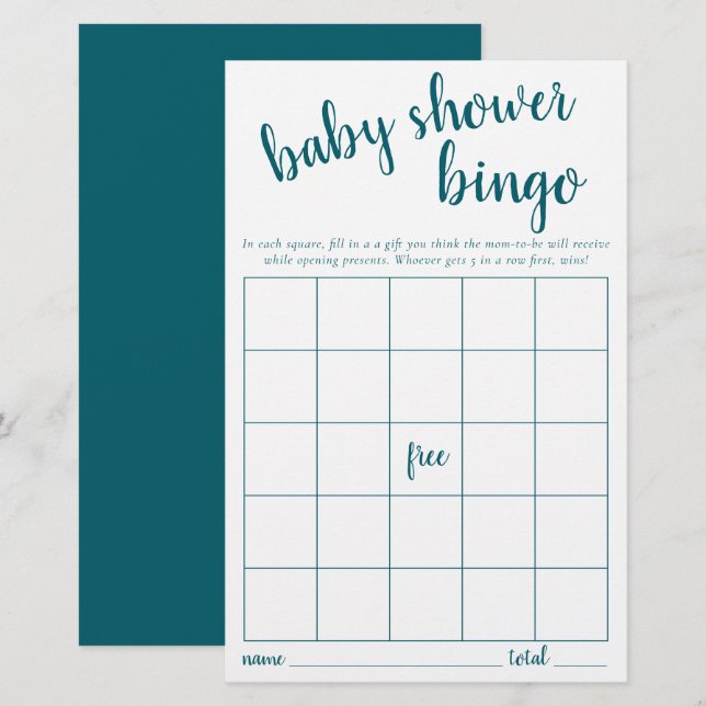 Simple Bingo Card | Teal Aqua Baby Shower Game (Front/Back)