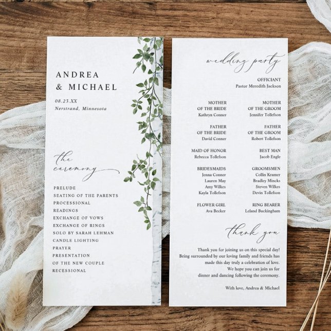 Simple Birch Tree Greenery Foliage Wedding Programme (Birch or aspen tree wedding programs - outdoor greenery wedding.)