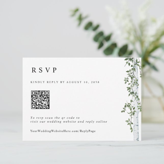 Simple Birch Tree Reply Online QR Code Wedding RSVP Card (Standing Front)