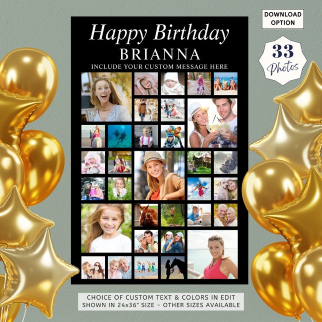 Simple Birthday 33 Photo Collage Custom Text Color Poster (Creator Uploaded)