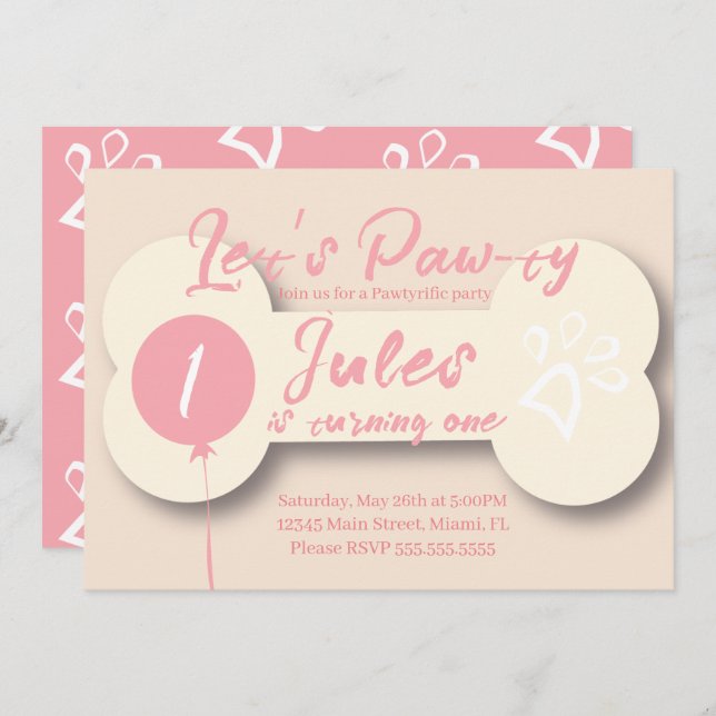 Simple Birthday Dog Bone Paw-ty Party Pink Cream Invitation (Front/Back)
