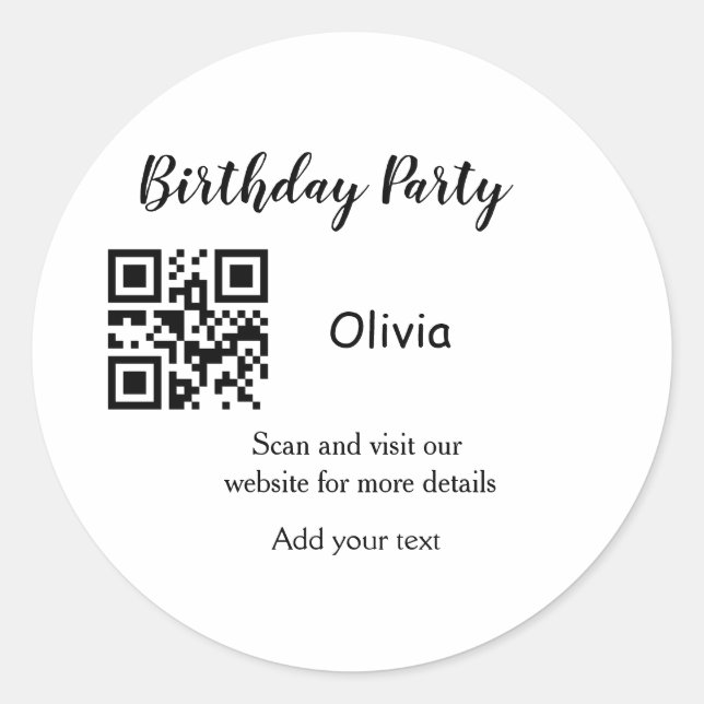 Simple birthday party website barcode QR add name  Classic Round Sticker (Front)