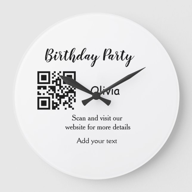 Simple birthday party website barcode QR add name  Large Clock (Front)